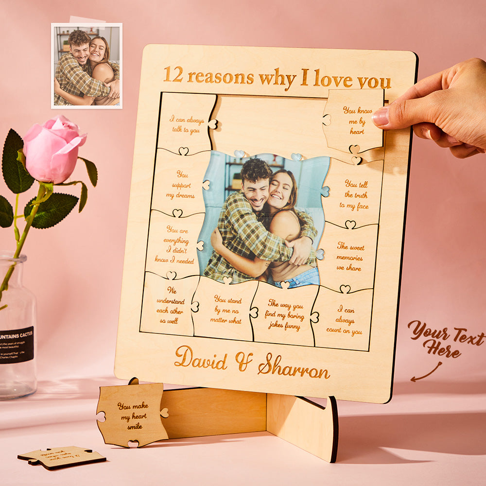 Personalized acrylic wood puzzle with photo and name "12 reasons why I love you"