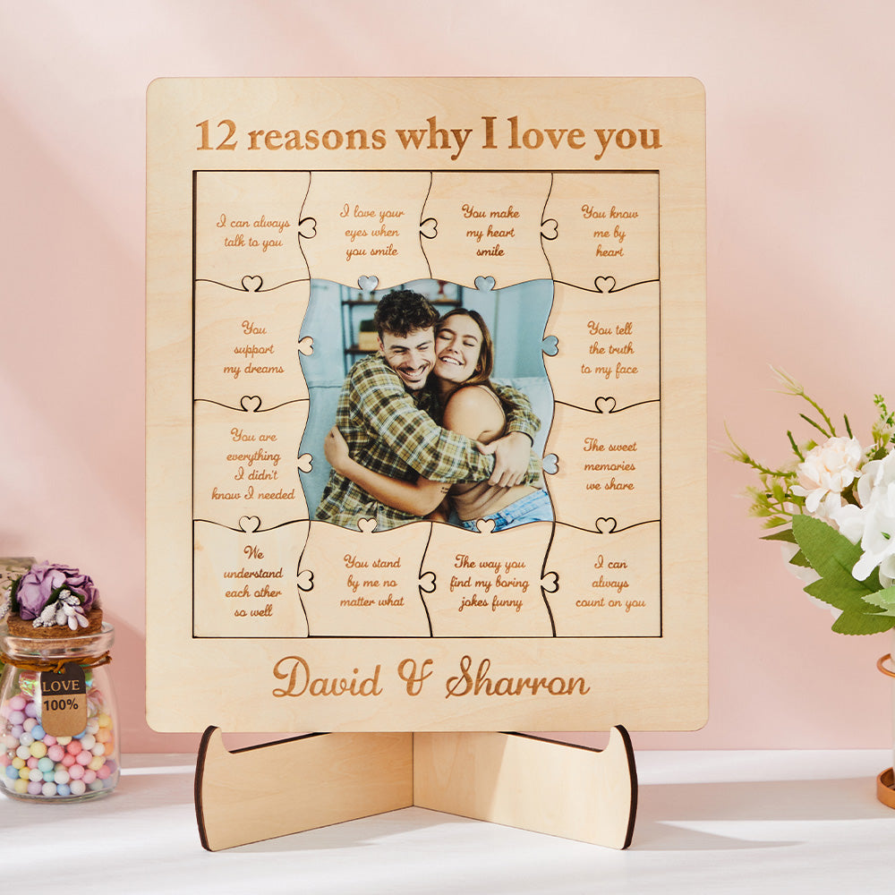 Personalized acrylic wood puzzle with photo and name "12 reasons why I love you"