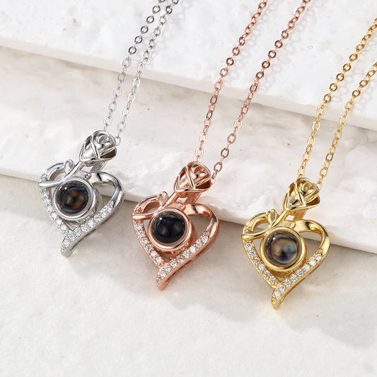 Personalized projection necklace with photo, rose and heart