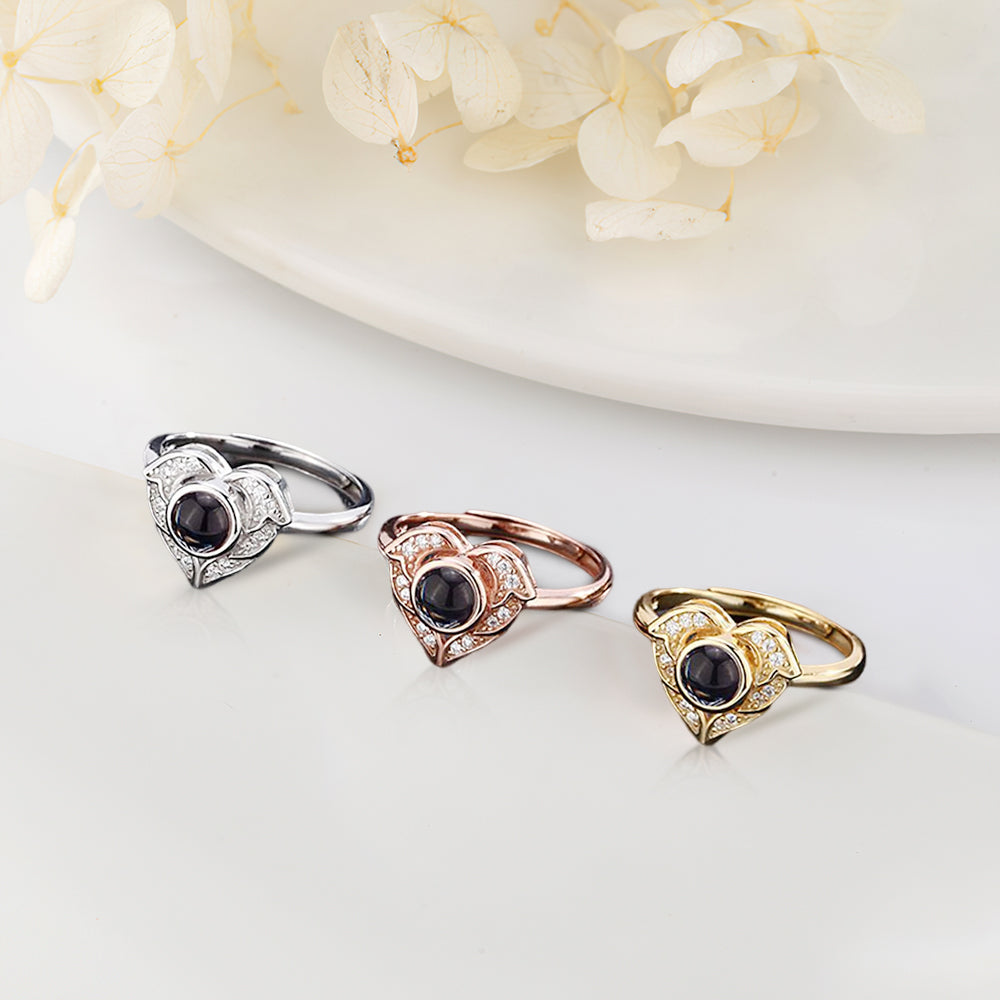 "I love you" projection ring in 100 languages ​​with personalized heart-shaped photo
