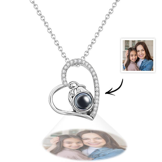 Personalized heart-shaped photo projection necklace with diamond