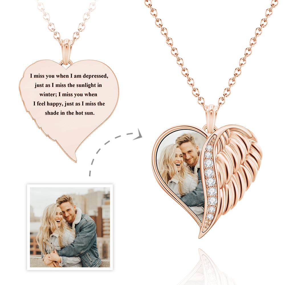 Personalized necklace with engraved photo and text, angel wings and heart