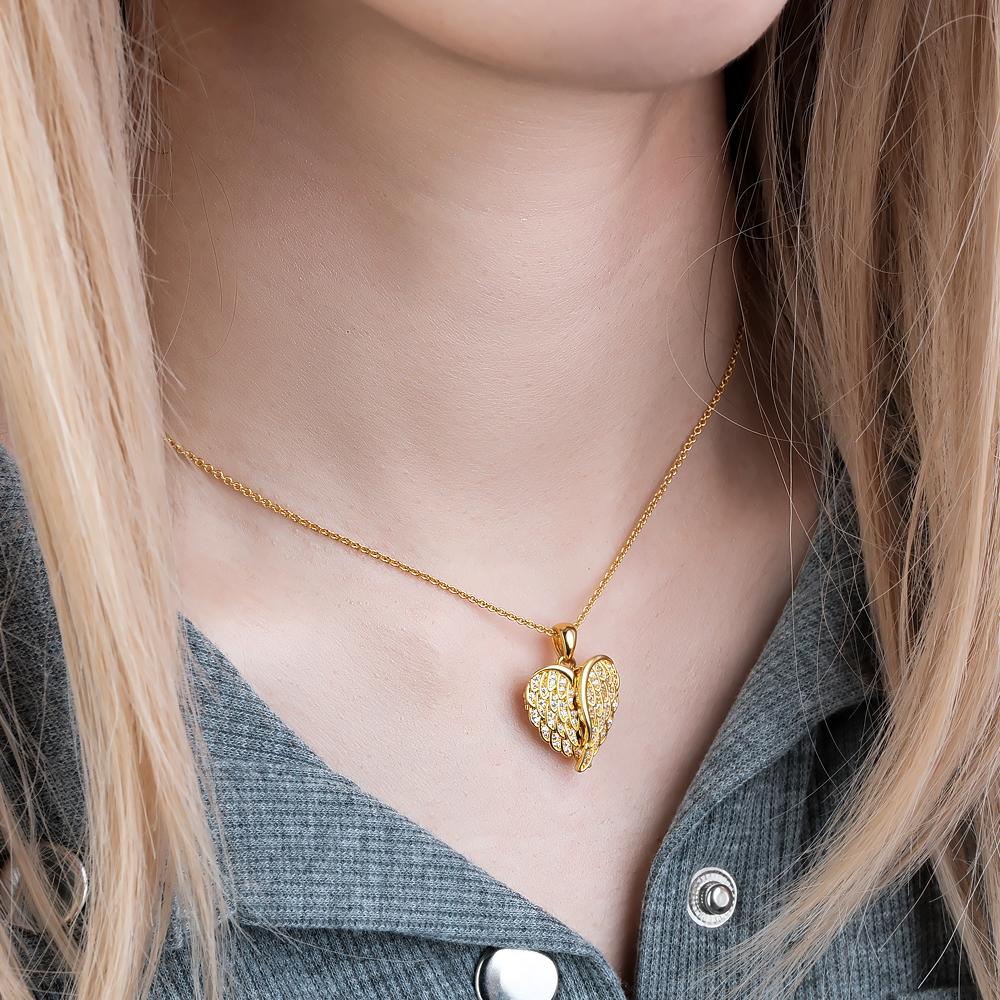 Personalized necklace with photo and engraved text, angel wings