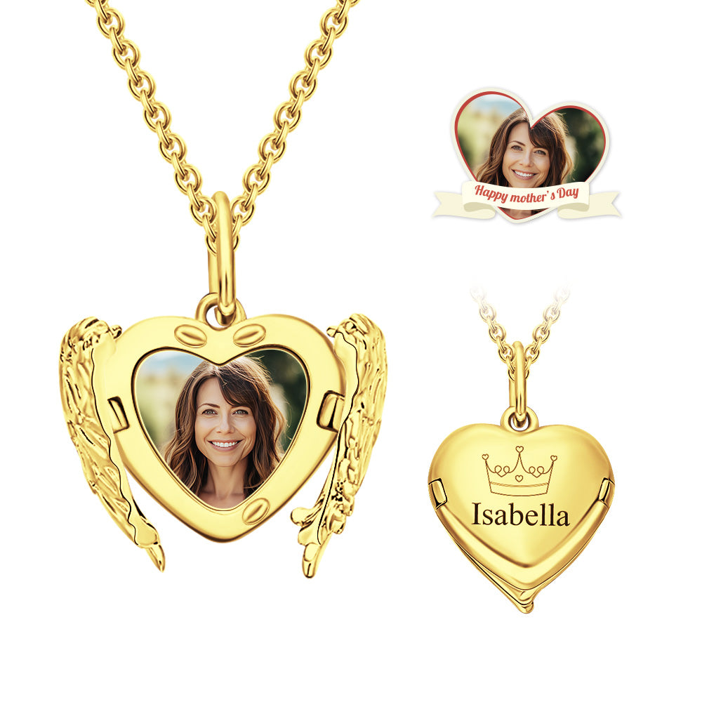 Collier médaillon gravé personnalisé, motif ailes d'ange