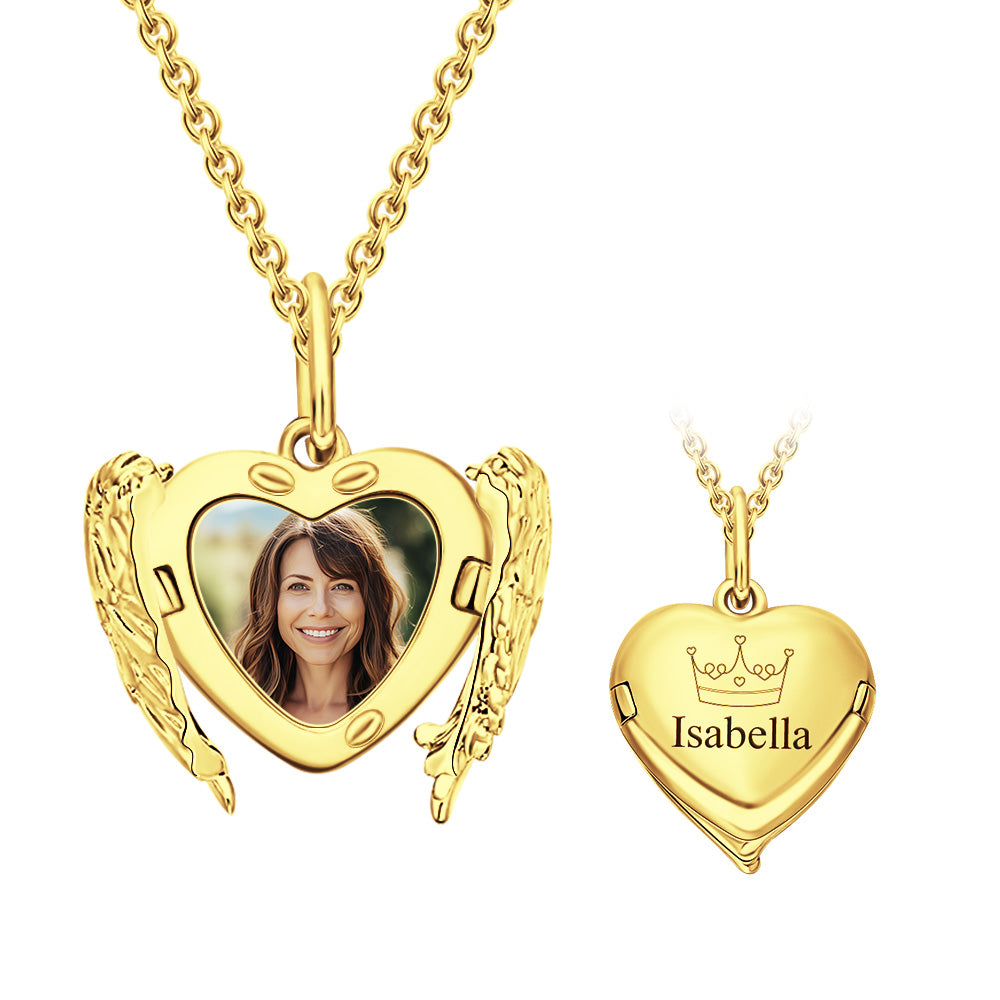Collier médaillon gravé personnalisé, motif ailes d'ange