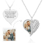 Personalized necklace with engraved photo and text, angel wings and heart