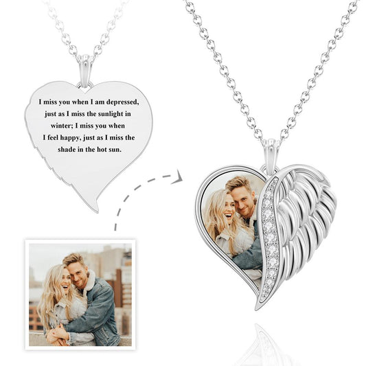 Personalized necklace with engraved photo and text, angel wings and heart