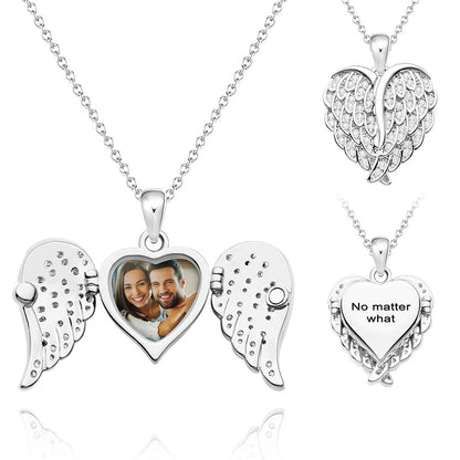 Personalized necklace with photo and engraved text, angel wings