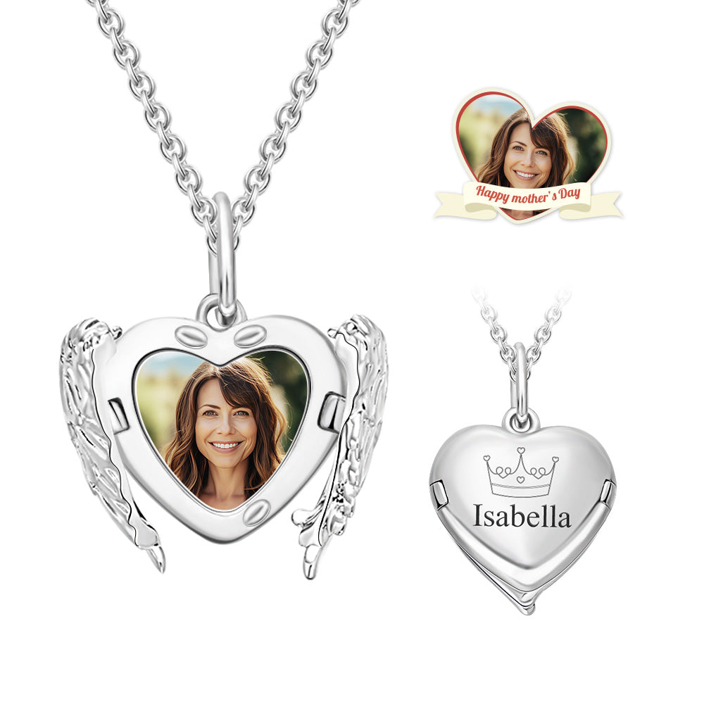 Collier médaillon gravé personnalisé, motif ailes d'ange