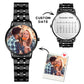Montre homme personnalisée avec photo gravée, calendrier personnalisé et bracelet en alliage noir