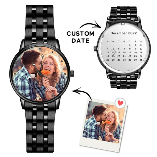 Personalized men's watch with engraved photo, custom calendar and black alloy strap