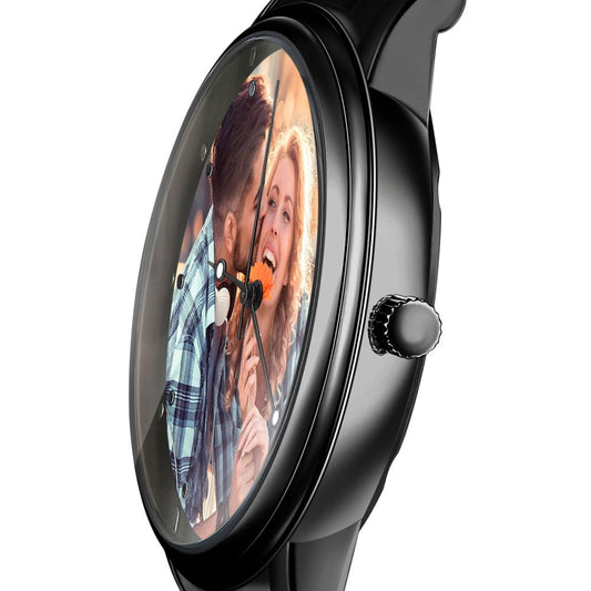 Personalized men's watch with engraved photo, custom calendar and black alloy strap