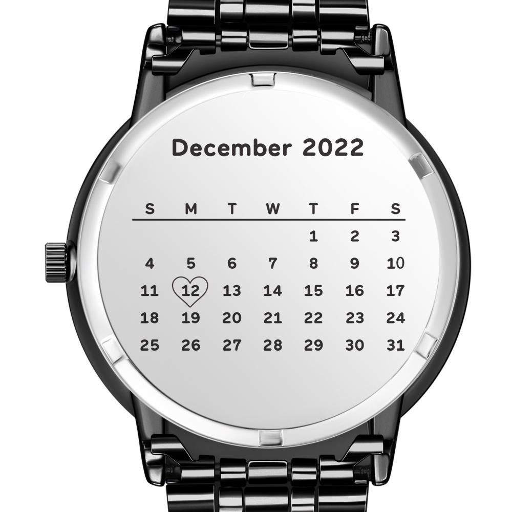 Montre homme personnalisée avec photo gravée, calendrier personnalisé et bracelet en alliage noir