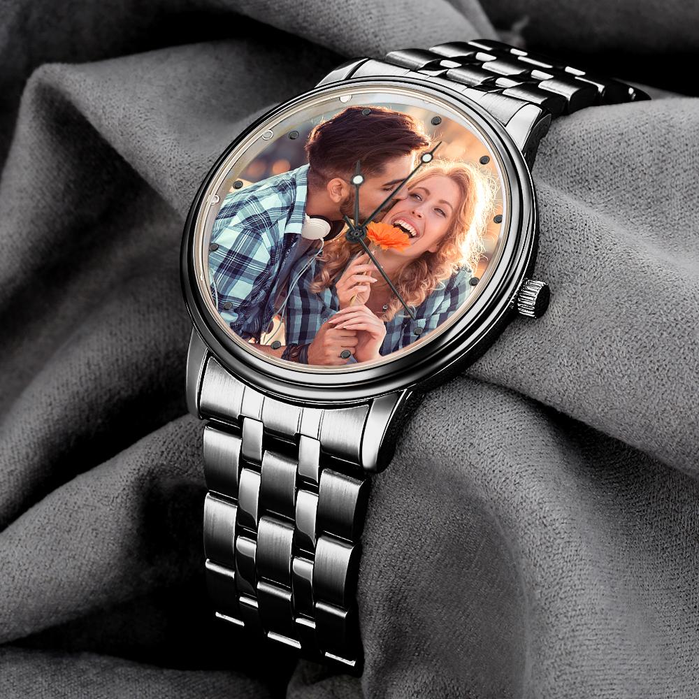 Montre homme personnalisée avec photo gravée, calendrier personnalisé et bracelet en alliage noir