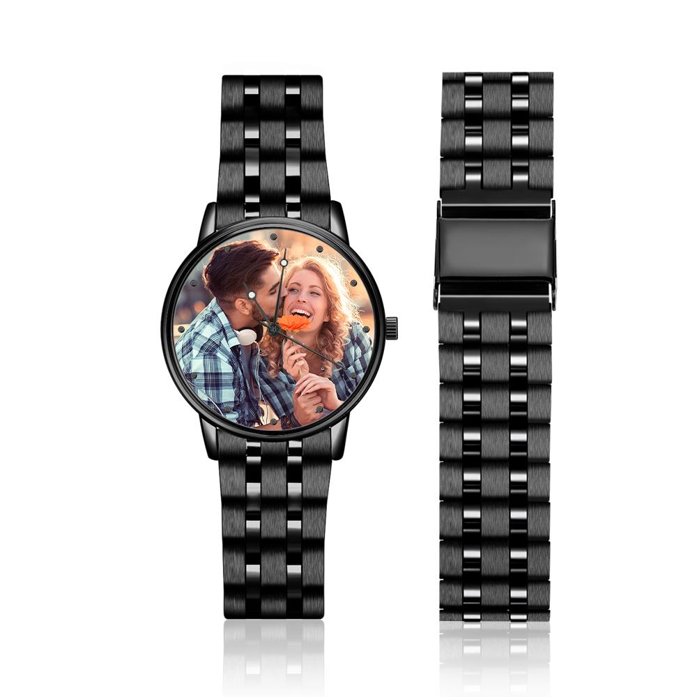 Montre homme personnalisée avec photo gravée, calendrier personnalisé et bracelet en alliage noir