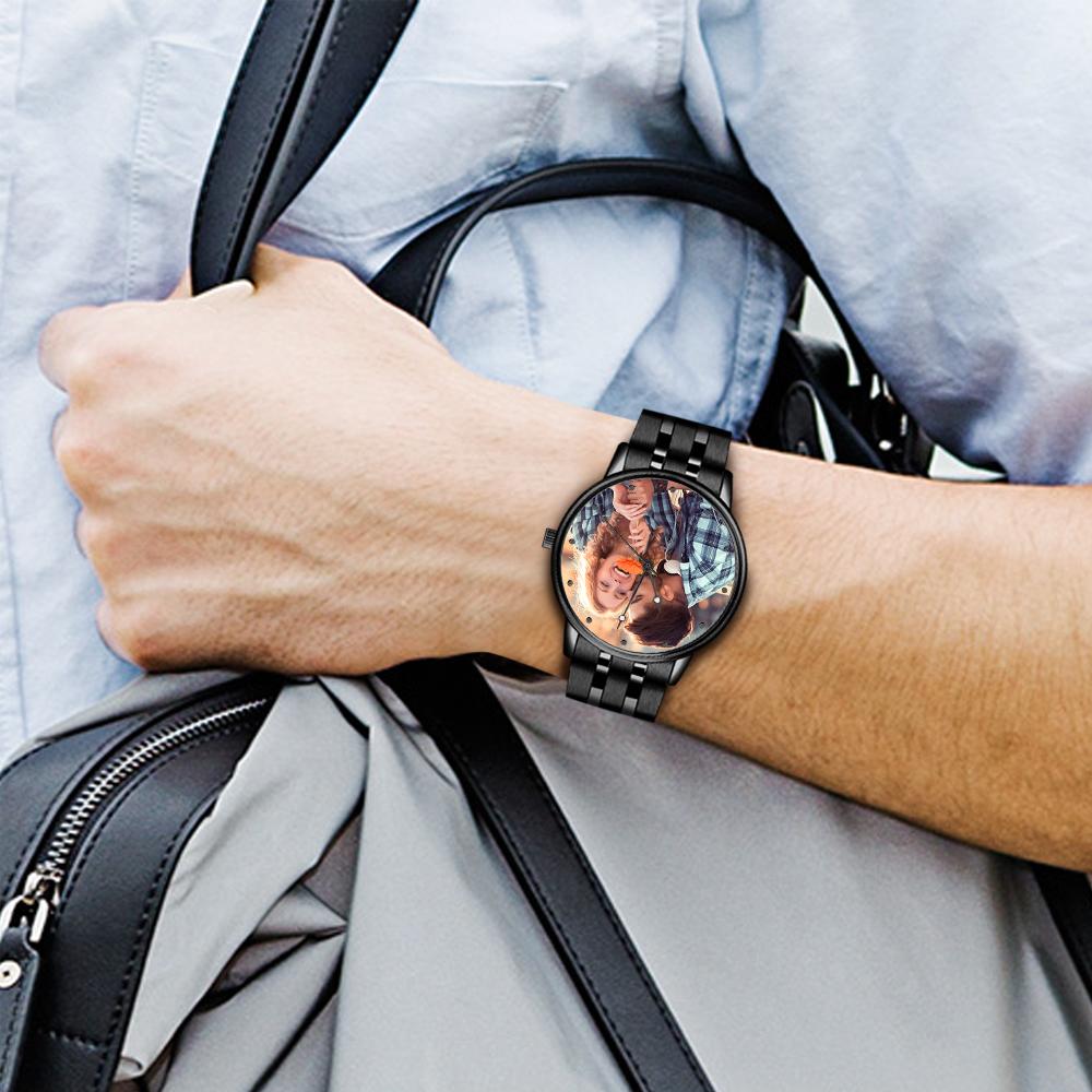 Montre homme personnalisée avec photo gravée, calendrier personnalisé et bracelet en alliage noir