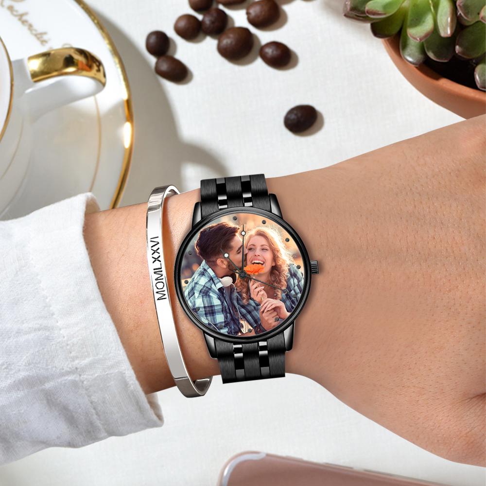 Montre homme personnalisée avec photo gravée, calendrier personnalisé et bracelet en alliage noir
