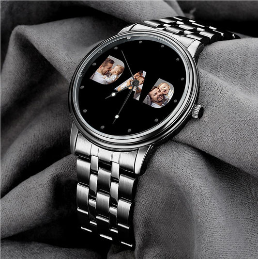 Personalized photo watch for men, black alloy strap
