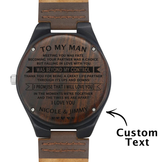 Personalized engraved wooden watch with 45mm leather strap
