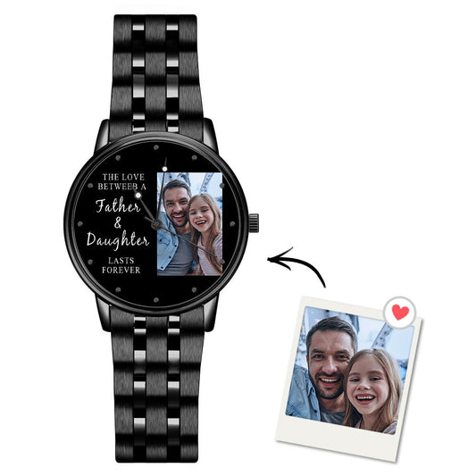 Men's 38mm black alloy watch with engraved photo strap