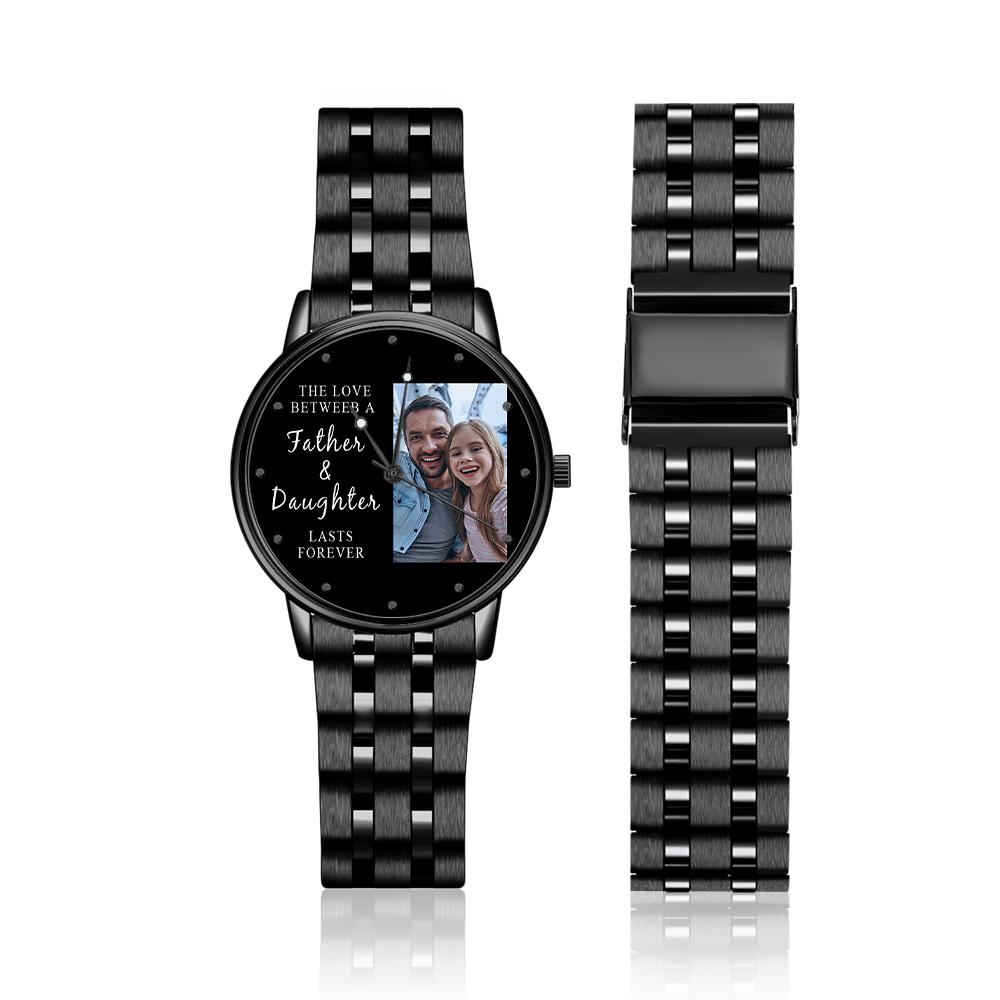 Montre homme 38 mm en alliage noir avec bracelet photo gravé