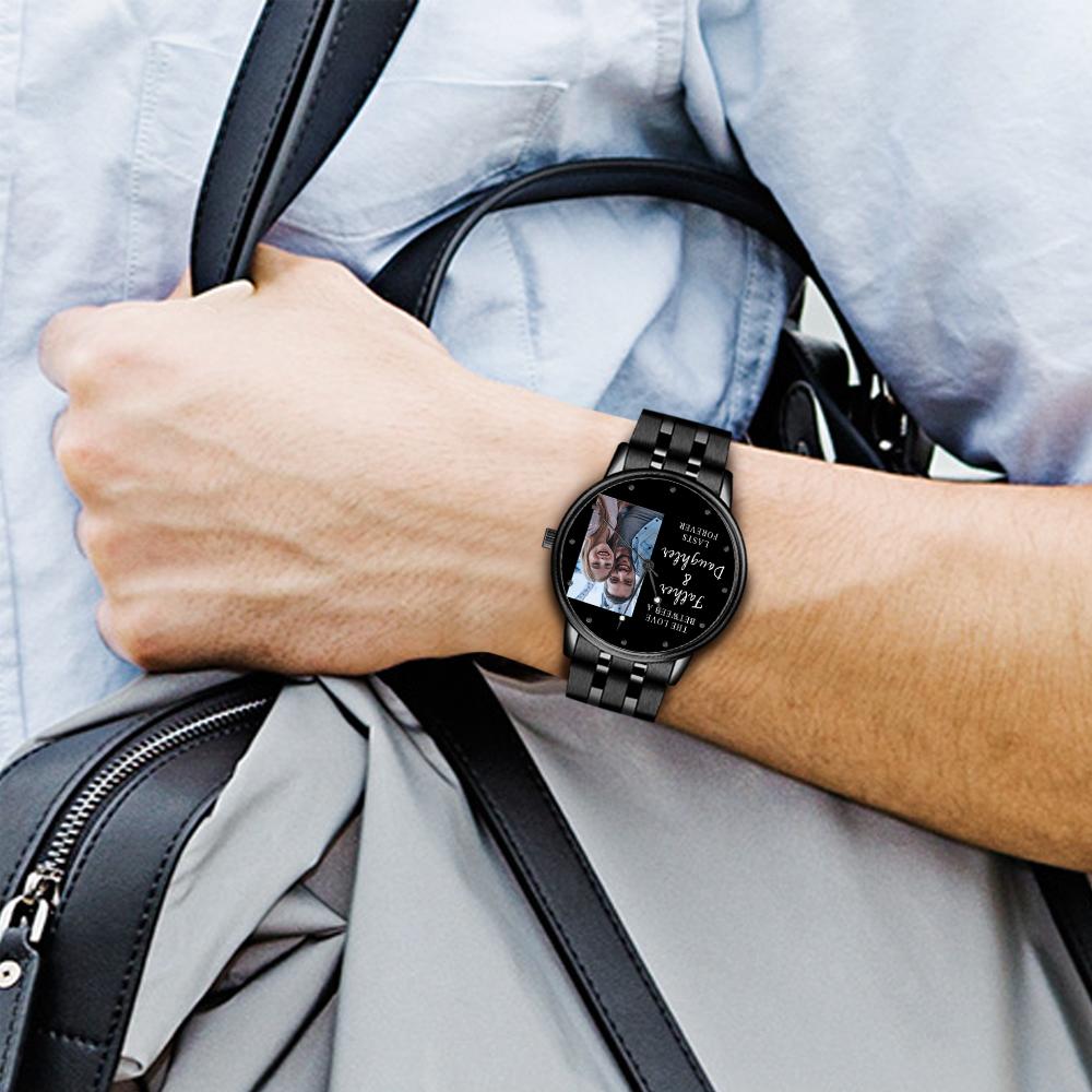 Montre homme 38 mm en alliage noir avec bracelet photo gravé