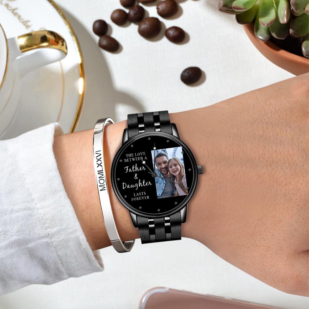 Montre homme 38 mm en alliage noir avec bracelet photo gravé