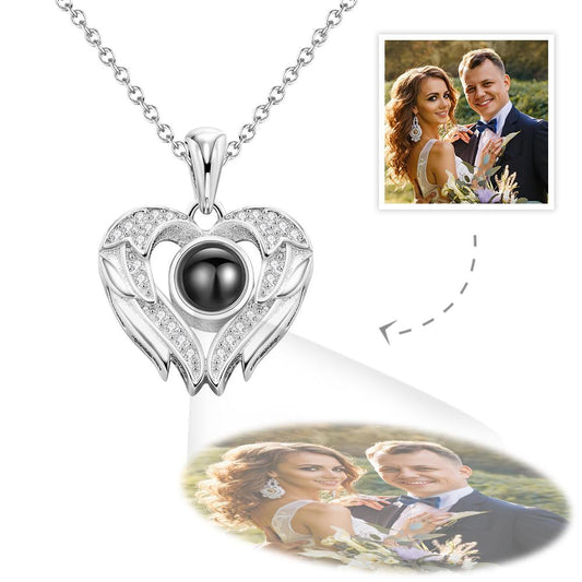 Personalized necklace with photo projection of angel wings