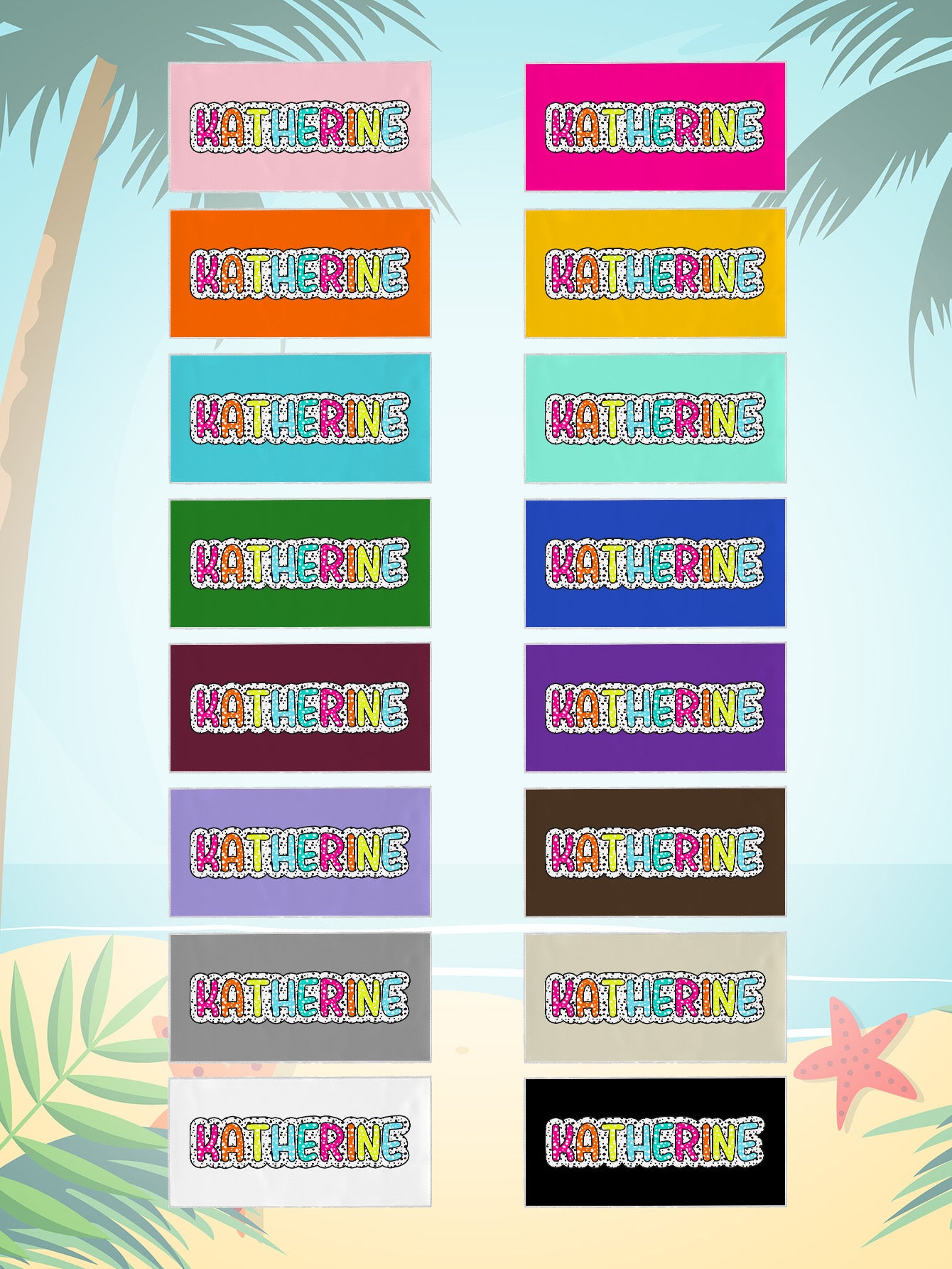 Serviette de plage personnalisée à pois dalmatiens avec prénom arc-en-ciel