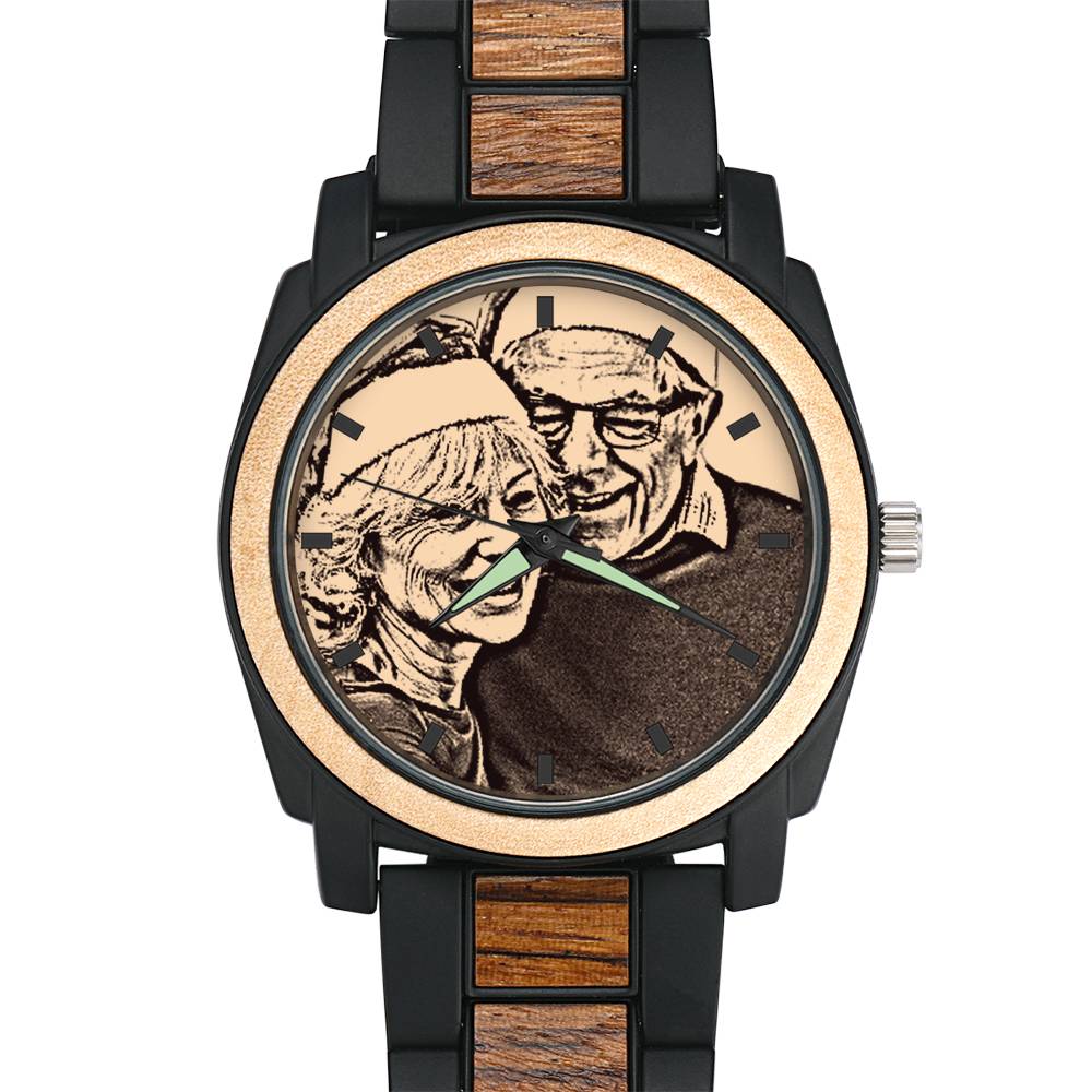 Montre photo personnalisée gravée avec bracelet en bois 45 mm