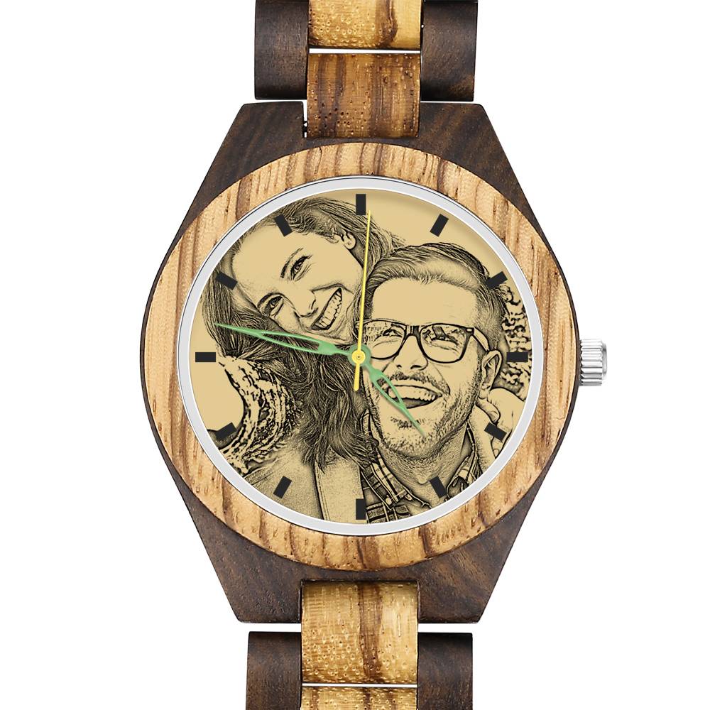 Montre photo en bois pour homme, gravée sur mesure, 45 mm