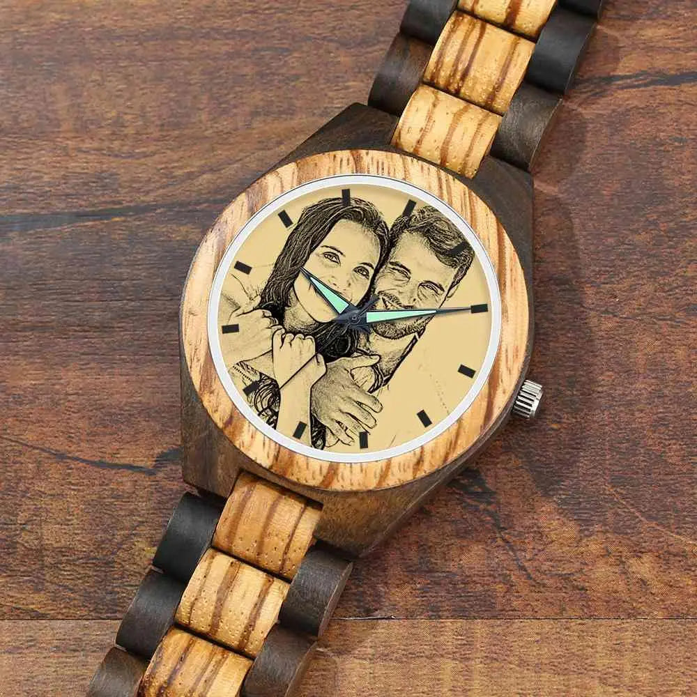 Montre homme en bois avec bracelet en bois gravé d'une photo personnalisée, 45 mm