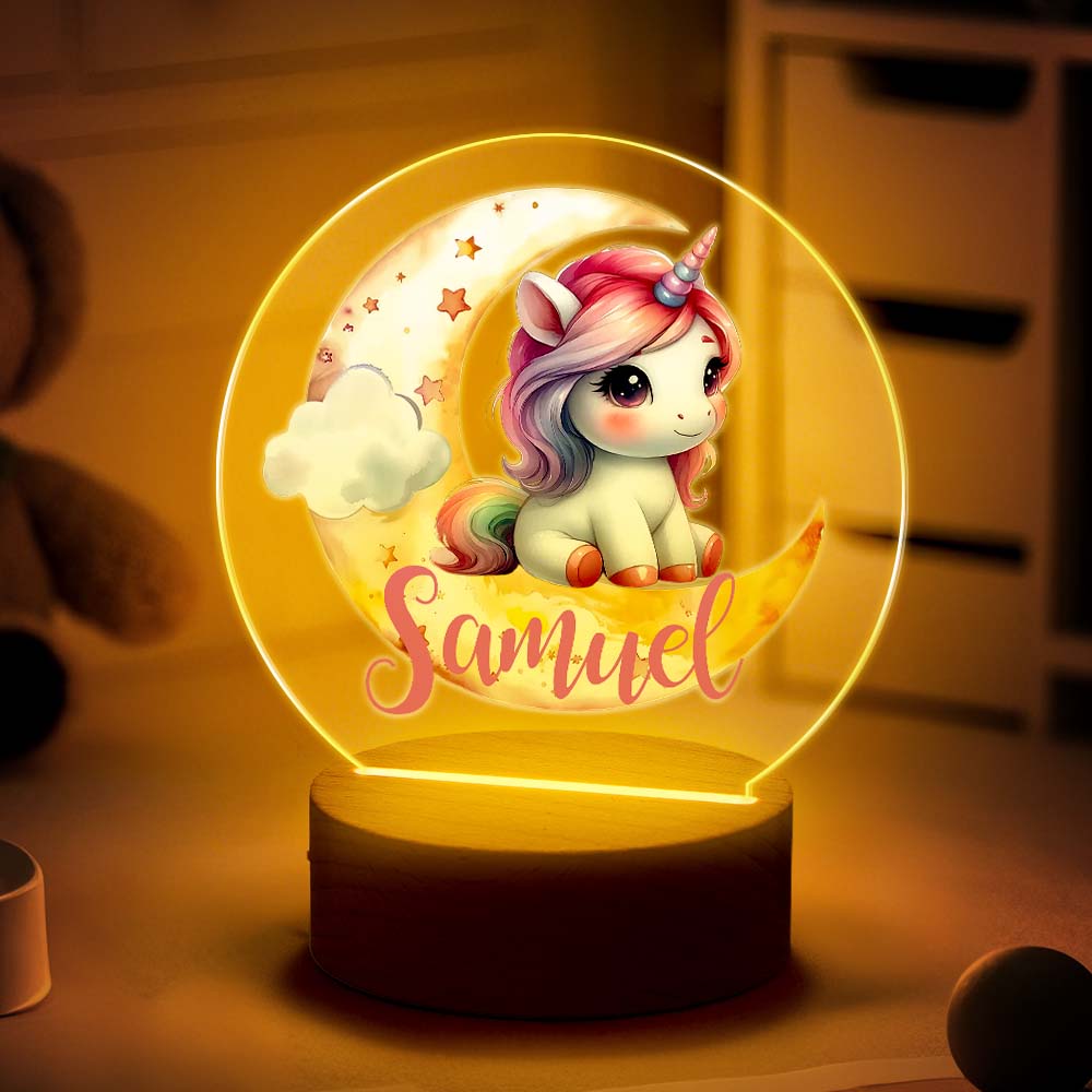 Veilleuse LED personnalisée Licorne Lune avec prénom