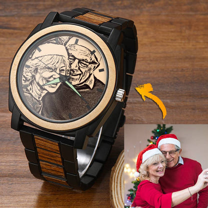 Montre photo personnalisée gravée avec bracelet en bois 45 mm
