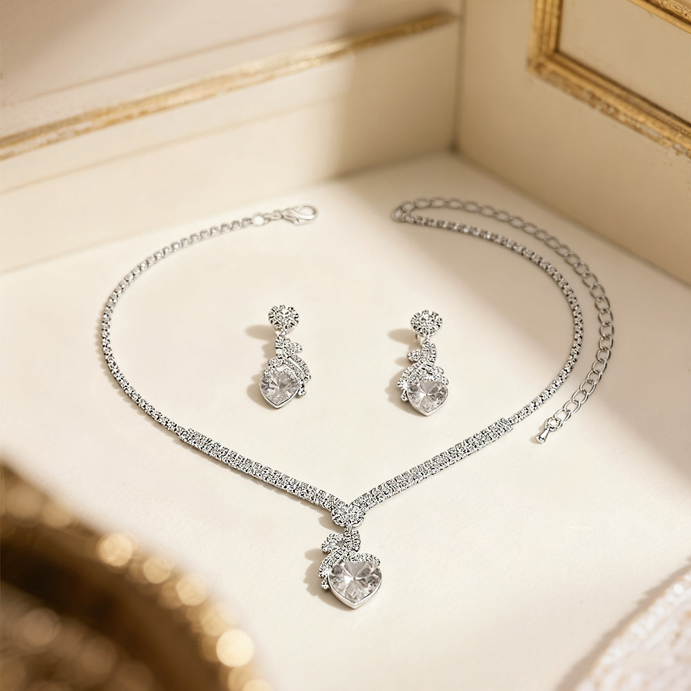 Heart-shaped rhinestone necklace and earrings