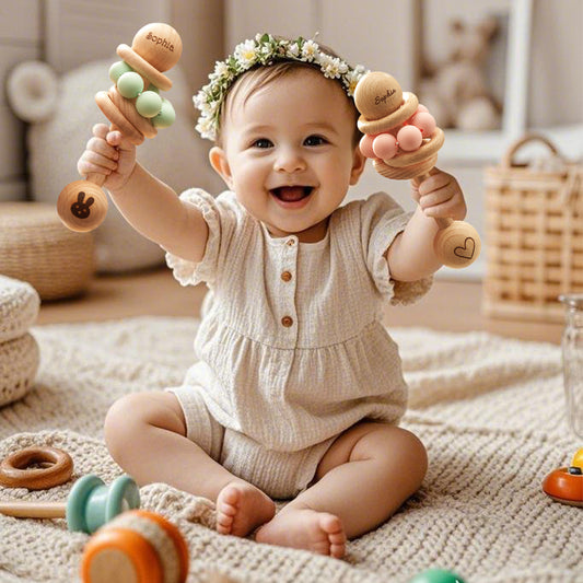 Personalized wooden baby rattle with engraved name