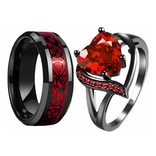 Ring set: Men's stainless steel ring with Celtic dragon and women's red heart-shaped zircon ring
